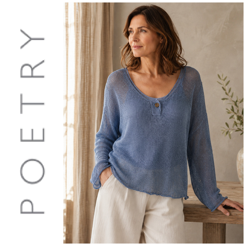 Poetry UK 14 US 10 Blue 100% Linen Sweater Sheer Open Weave Lagenlook Coastal
